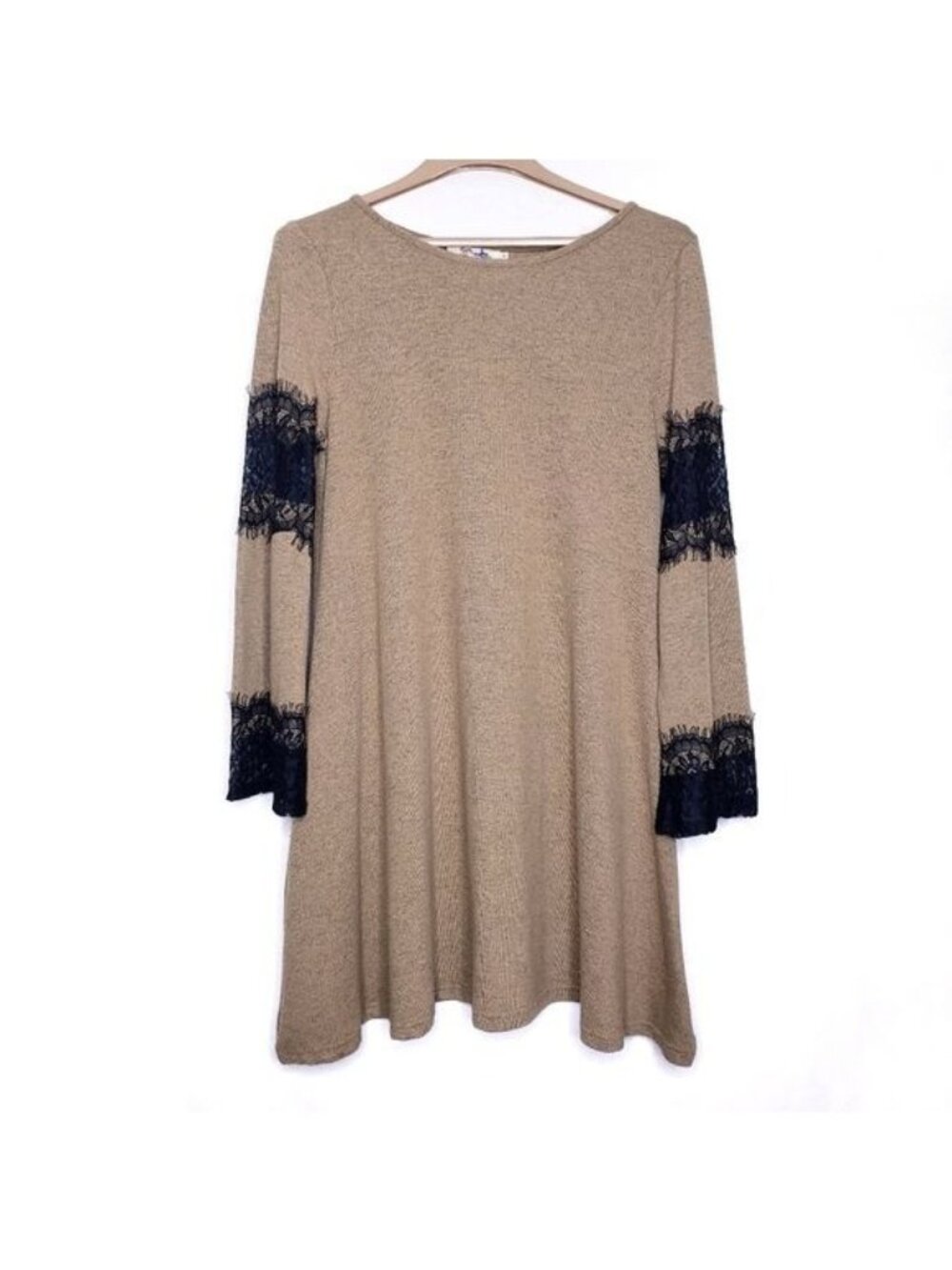 Aryeh Tan & Black Knit Lace Bell Sleeve Shift Dress Women's Size Small
